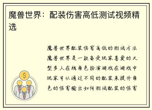 魔兽世界：配装伤害高低测试视频精选